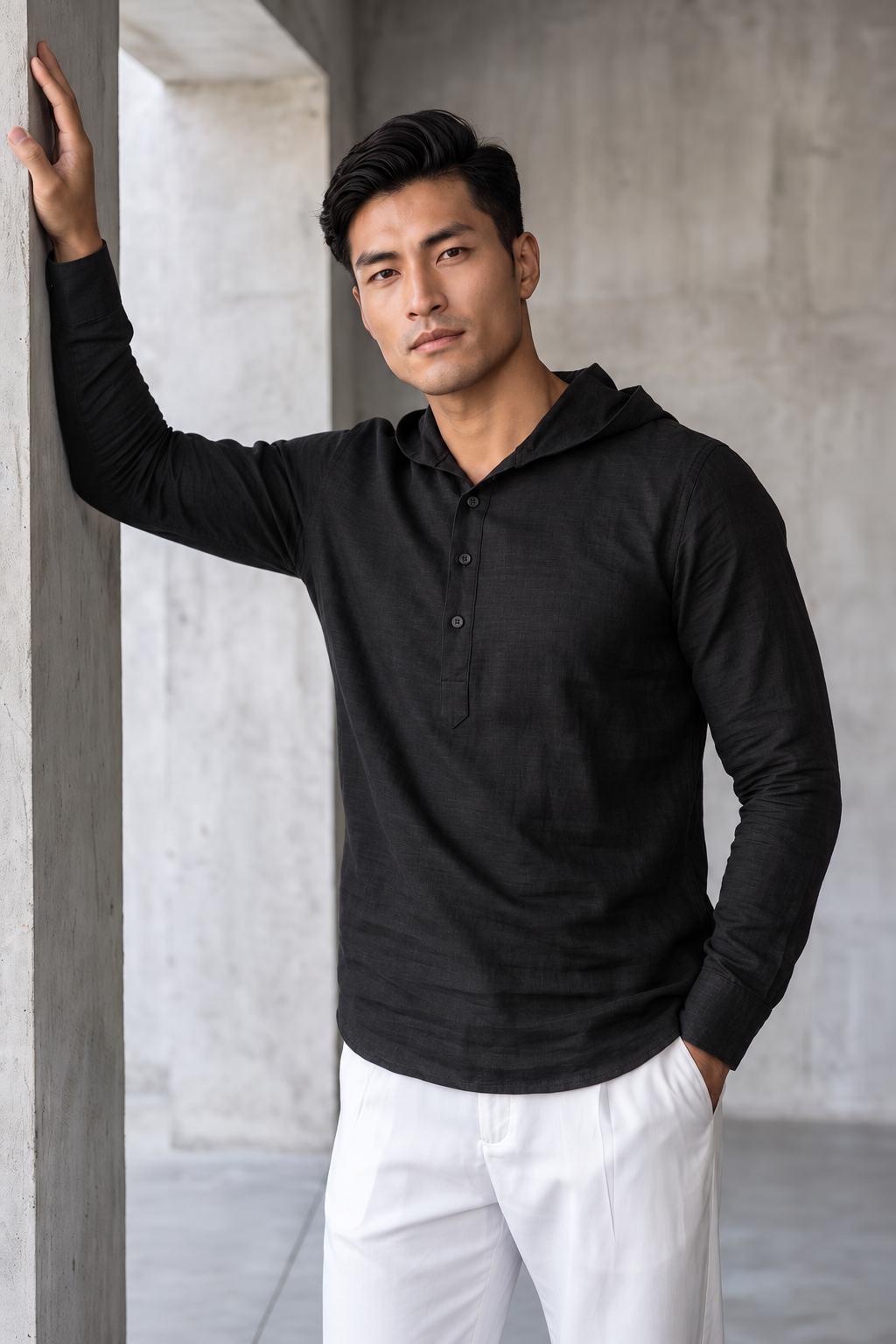 Black Linen Hoodie Shirt