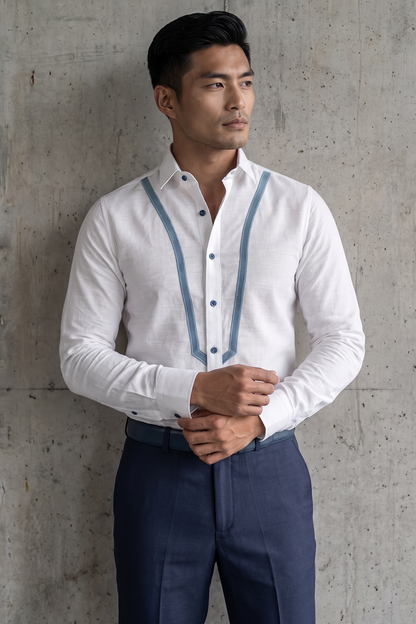 Linen Shirt with Denim Detailing