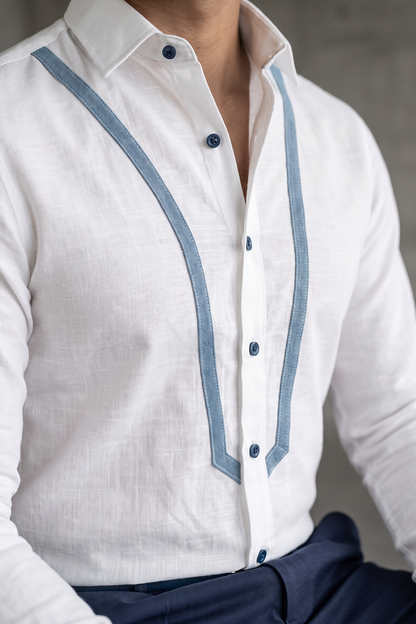 Linen Shirt with Denim Detailing
