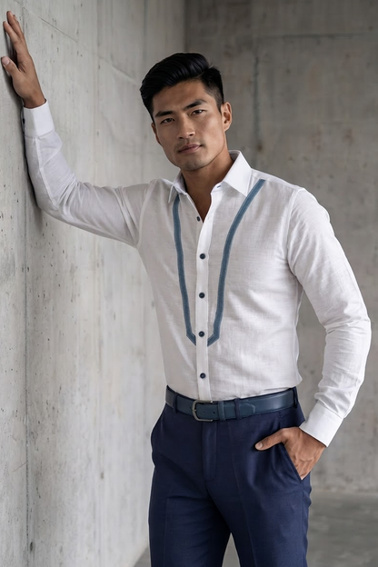 Linen Shirt with Denim Detailing