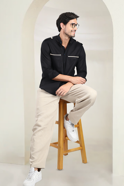 Black Linen Bush Shirt | Cream Leather