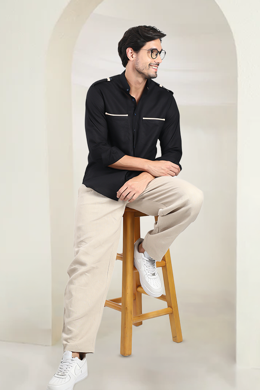Black Linen Bush Shirt | Cream Leather