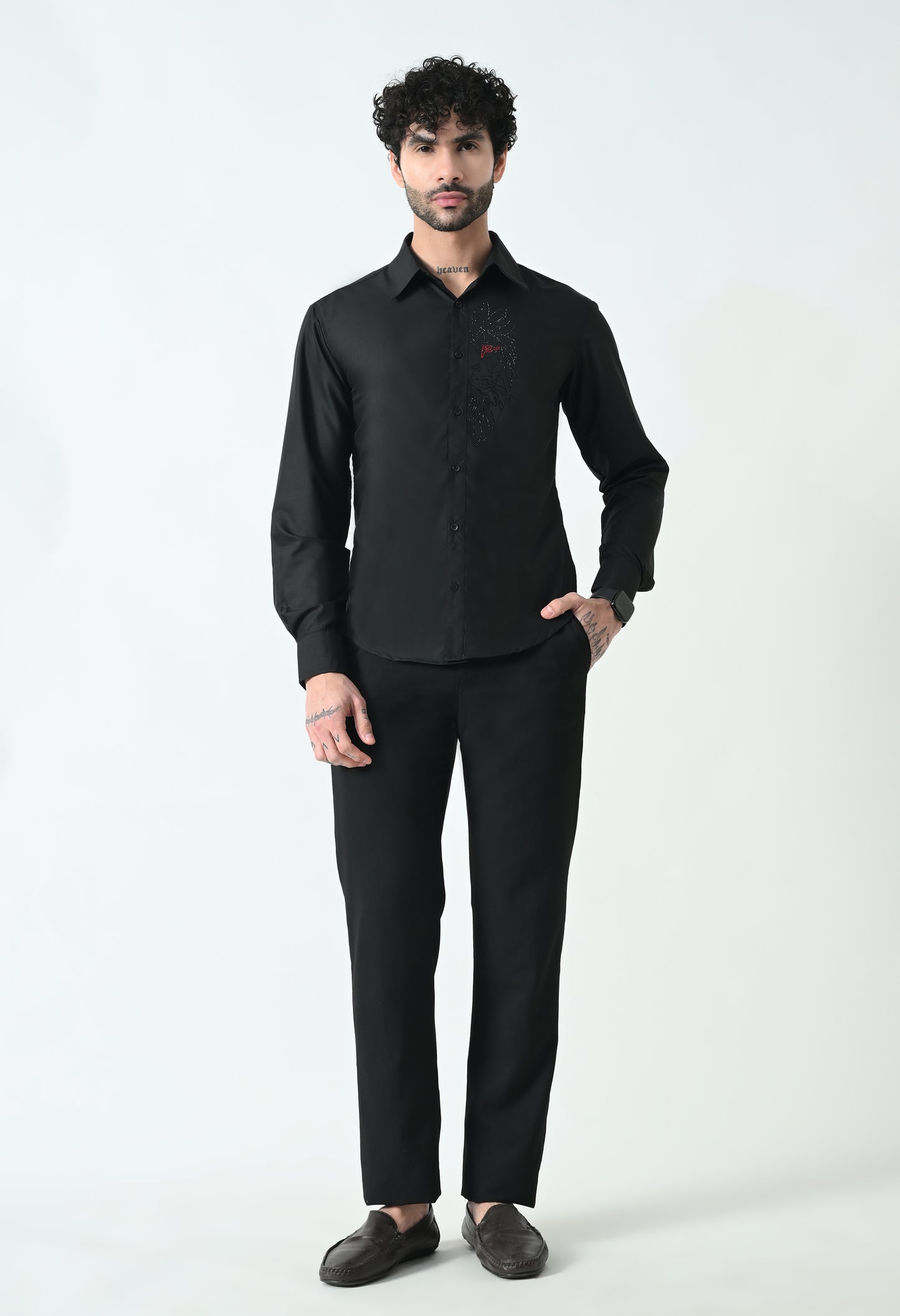 Indyslay Black Designer premium stone work Cotton sheen Shirt (Lion)