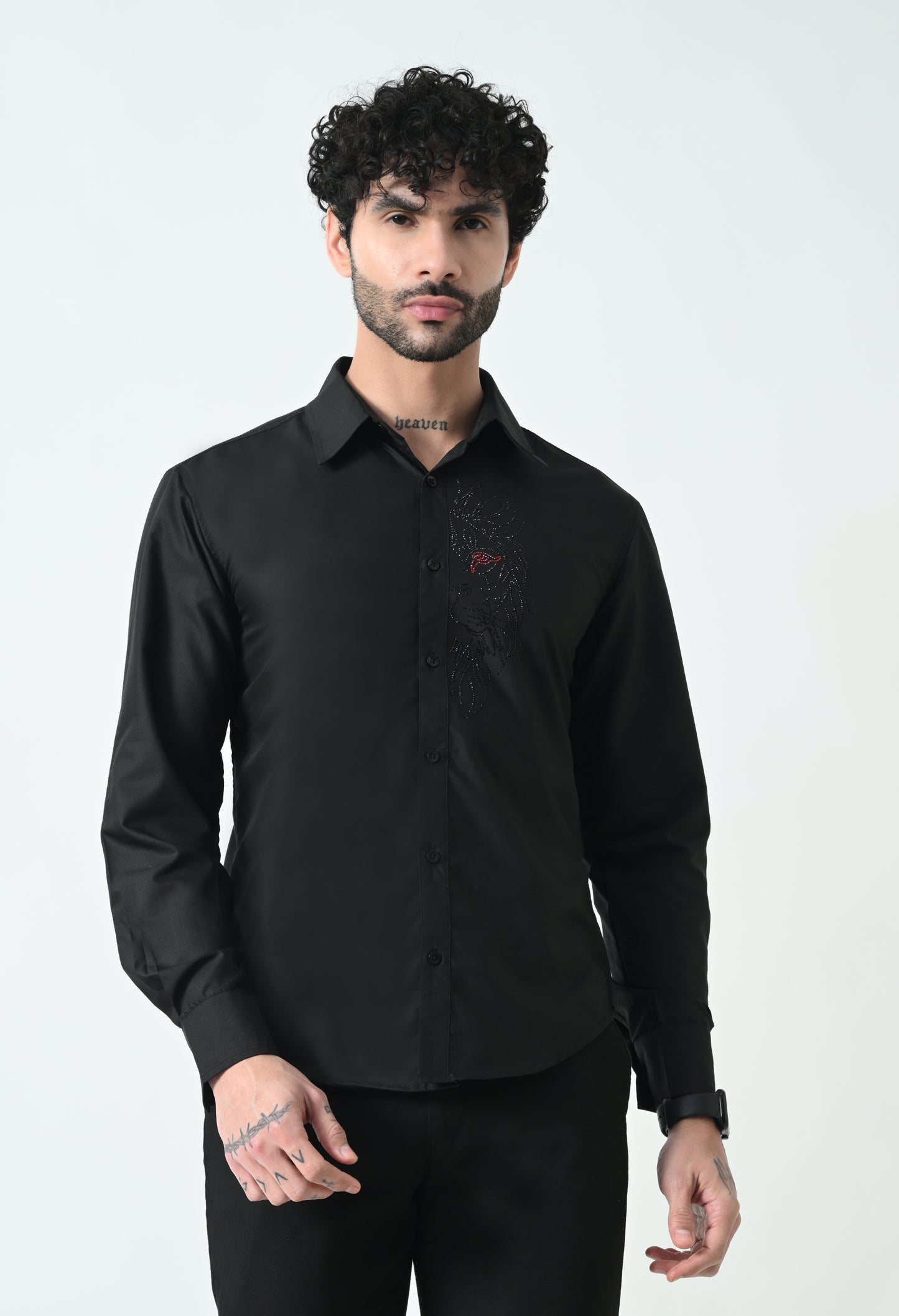 Indyslay Black Designer premium stone work Cotton sheen Shirt (Lion)