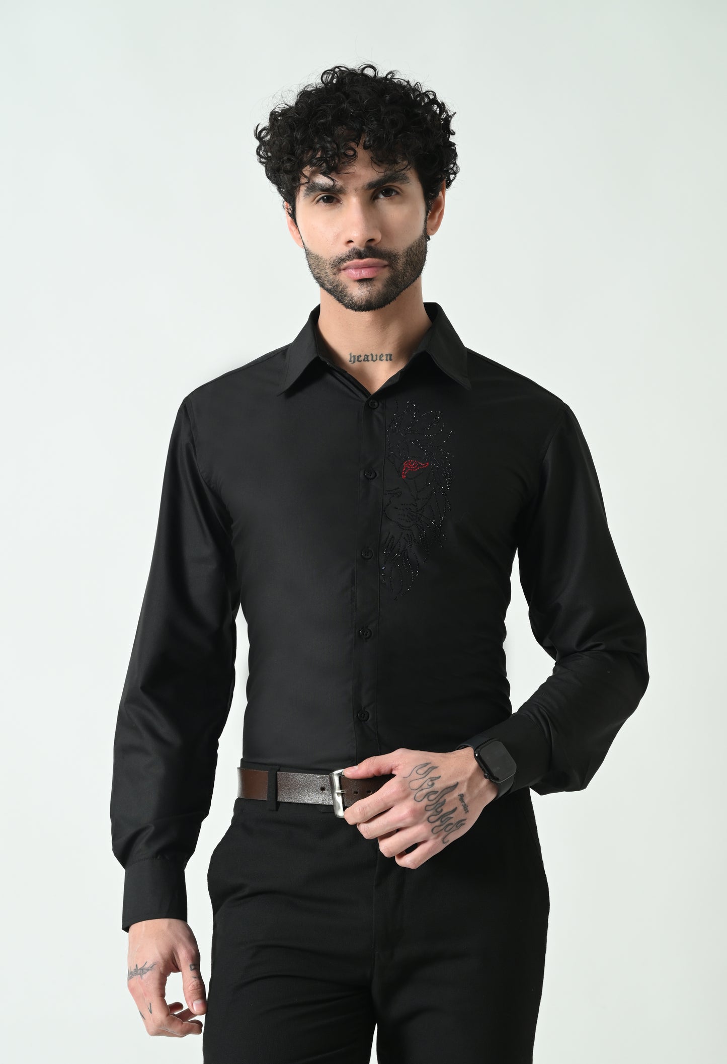 Indyslay Black Designer premium stone work Cotton sheen Shirt (Lion)