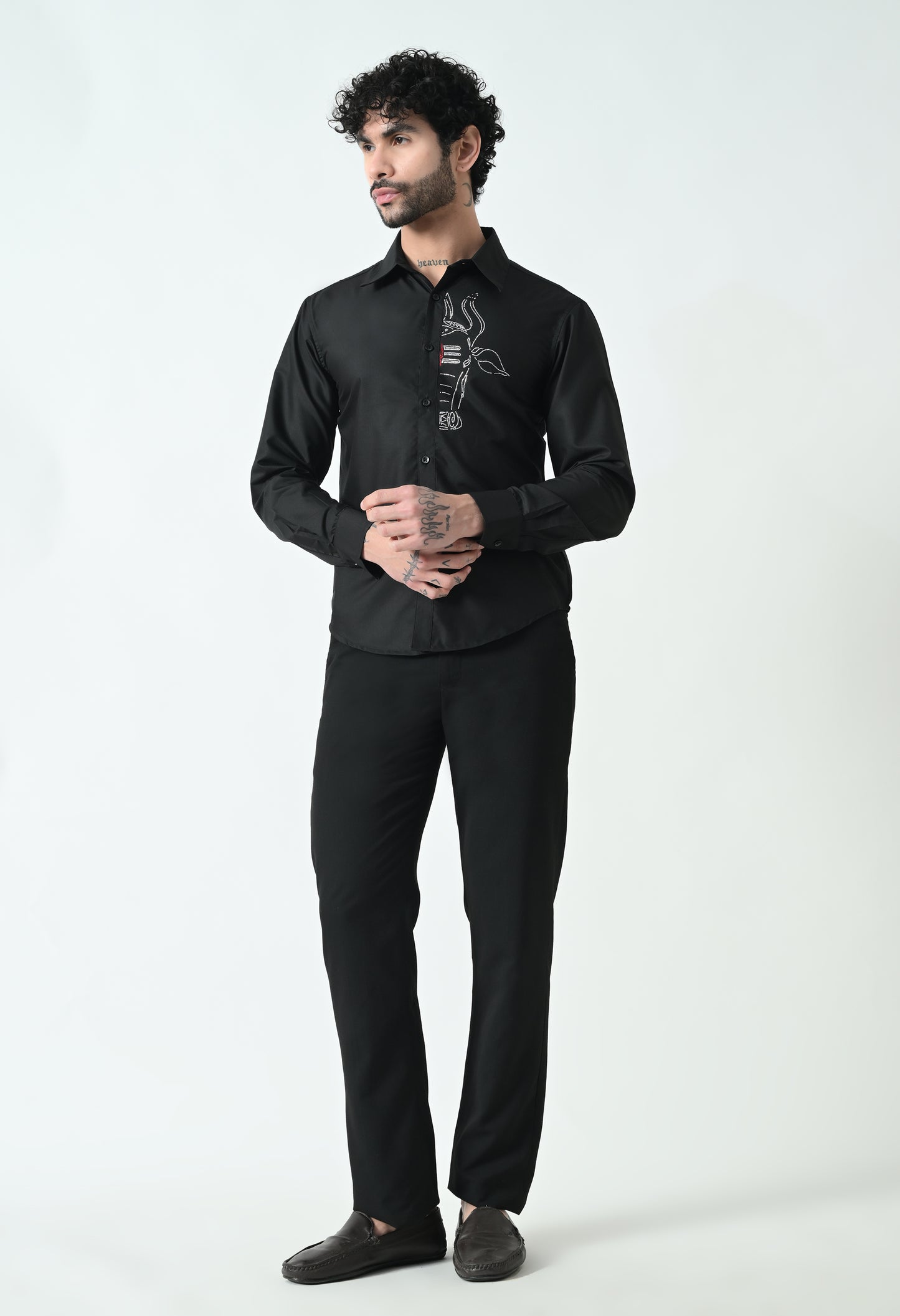 Indyslay Black Designer premium stone work Cotton sheen Shirt (White Nandi)