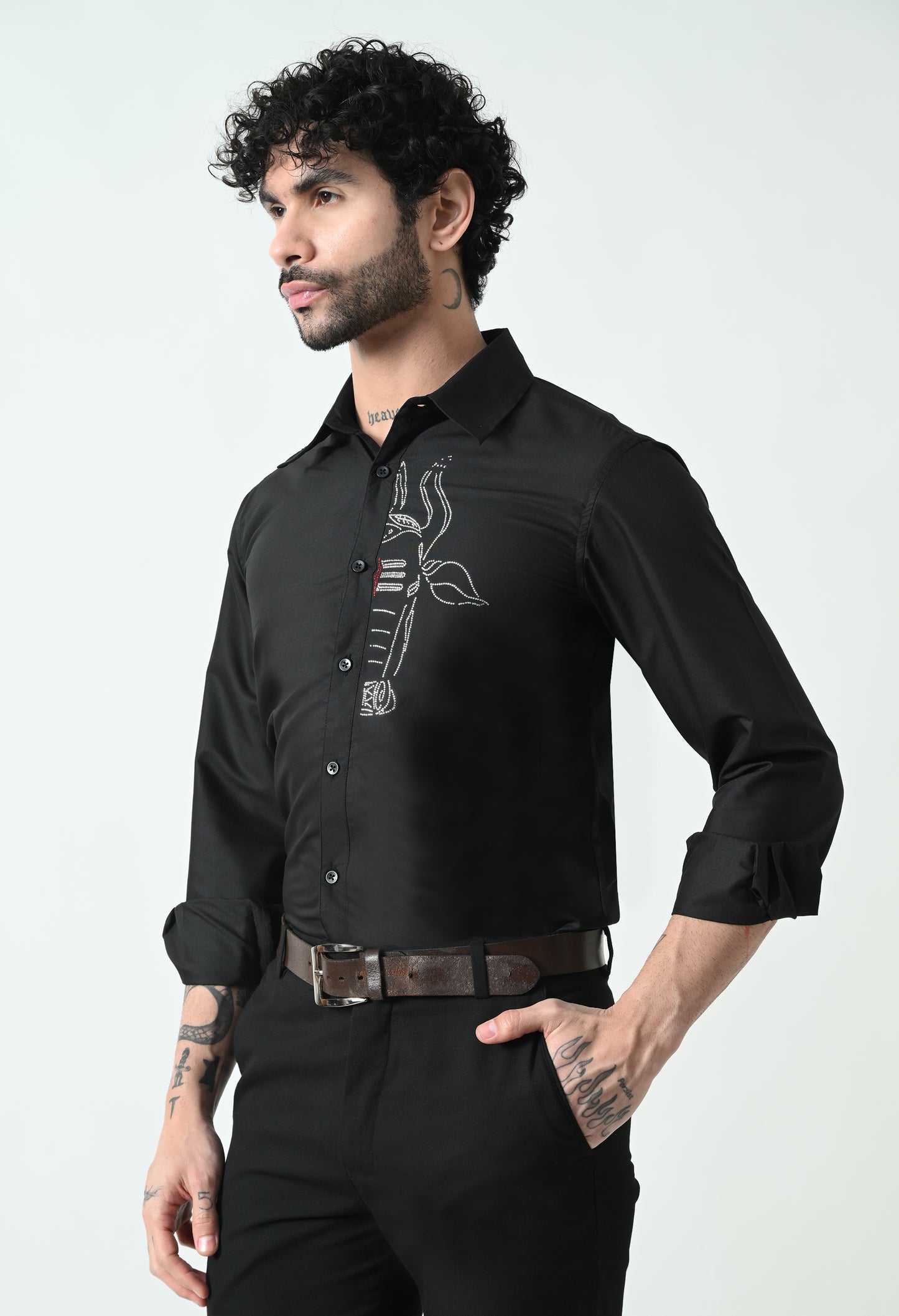 Indyslay Black Designer premium stone work Cotton sheen Shirt (White Nandi)