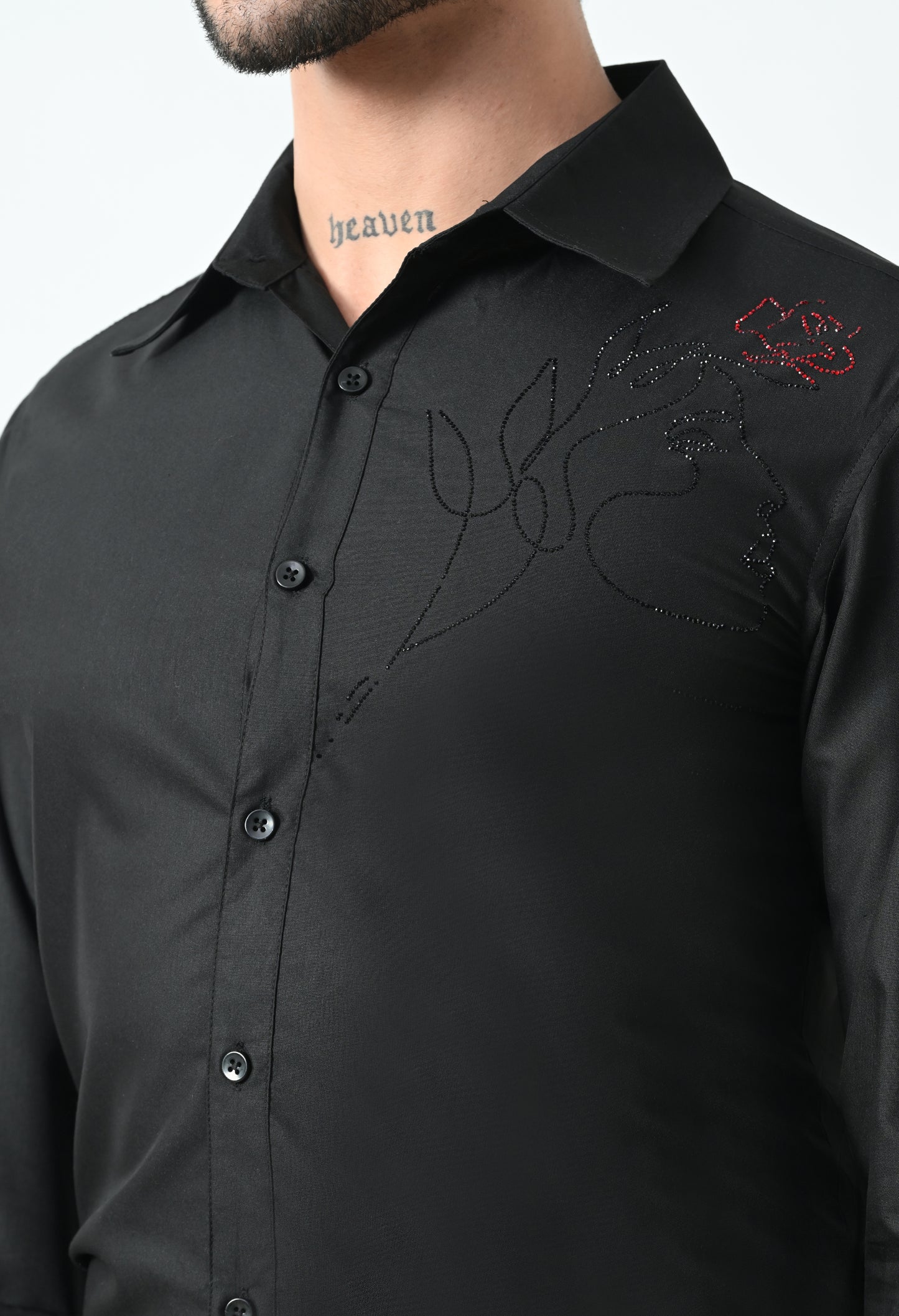 Indyslay Black Designer premium stone work Cotton sheen Shirt (Girl face with red Rose)