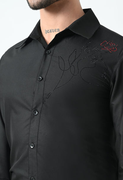 Indyslay Black Designer premium stone work Cotton sheen Shirt (Girl face with red Rose)