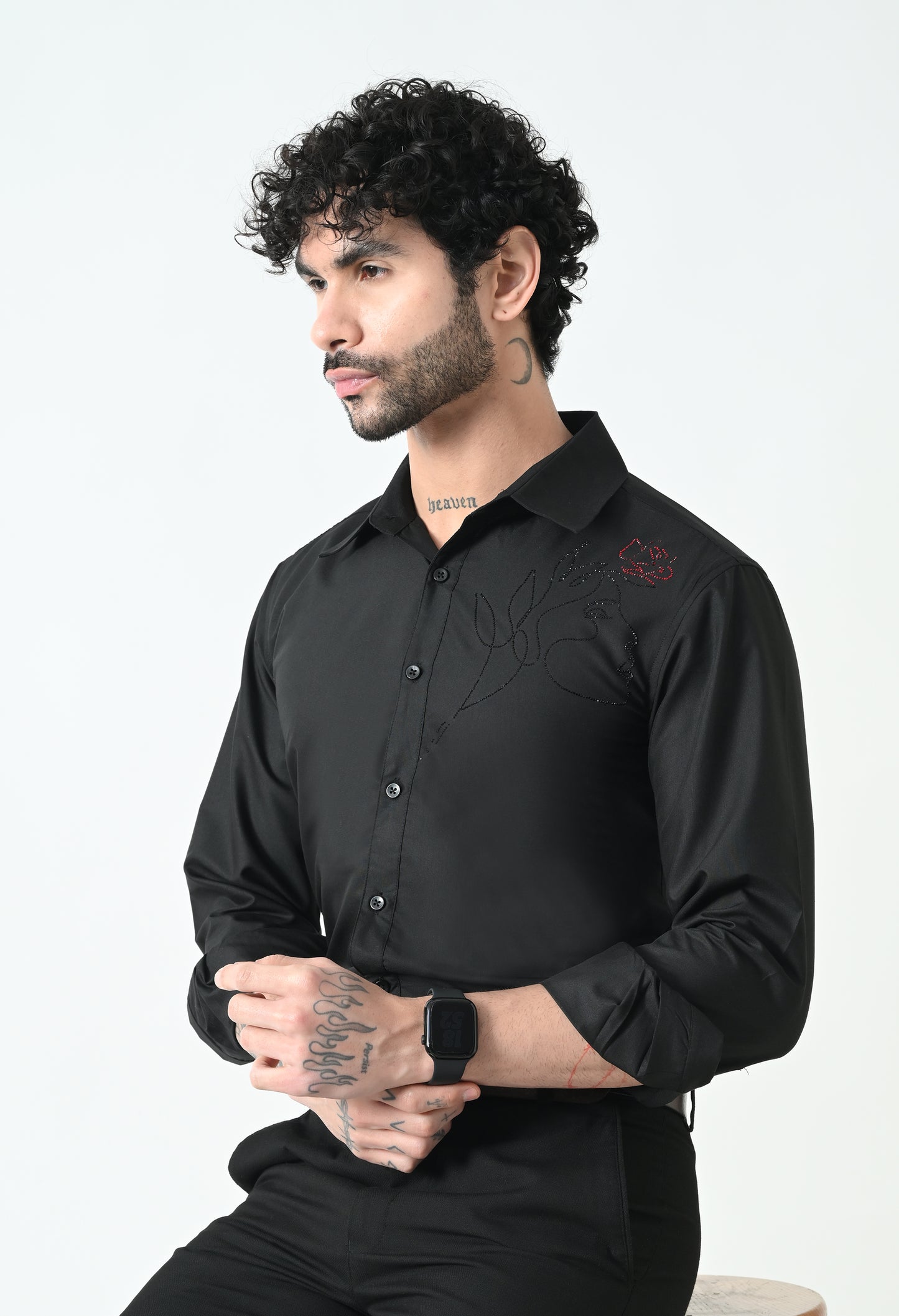 Indyslay Black Designer premium stone work Cotton sheen Shirt (Girl face with red Rose)