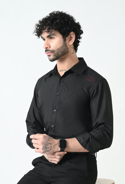 Indyslay Black Designer premium stone work Cotton sheen Shirt (Girl face with red Rose)