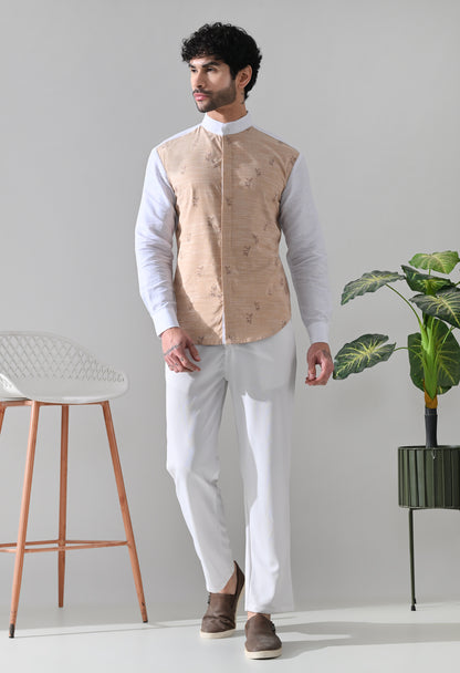 Indyslay Deer Print Linen Shirt – White Mandarin Collar