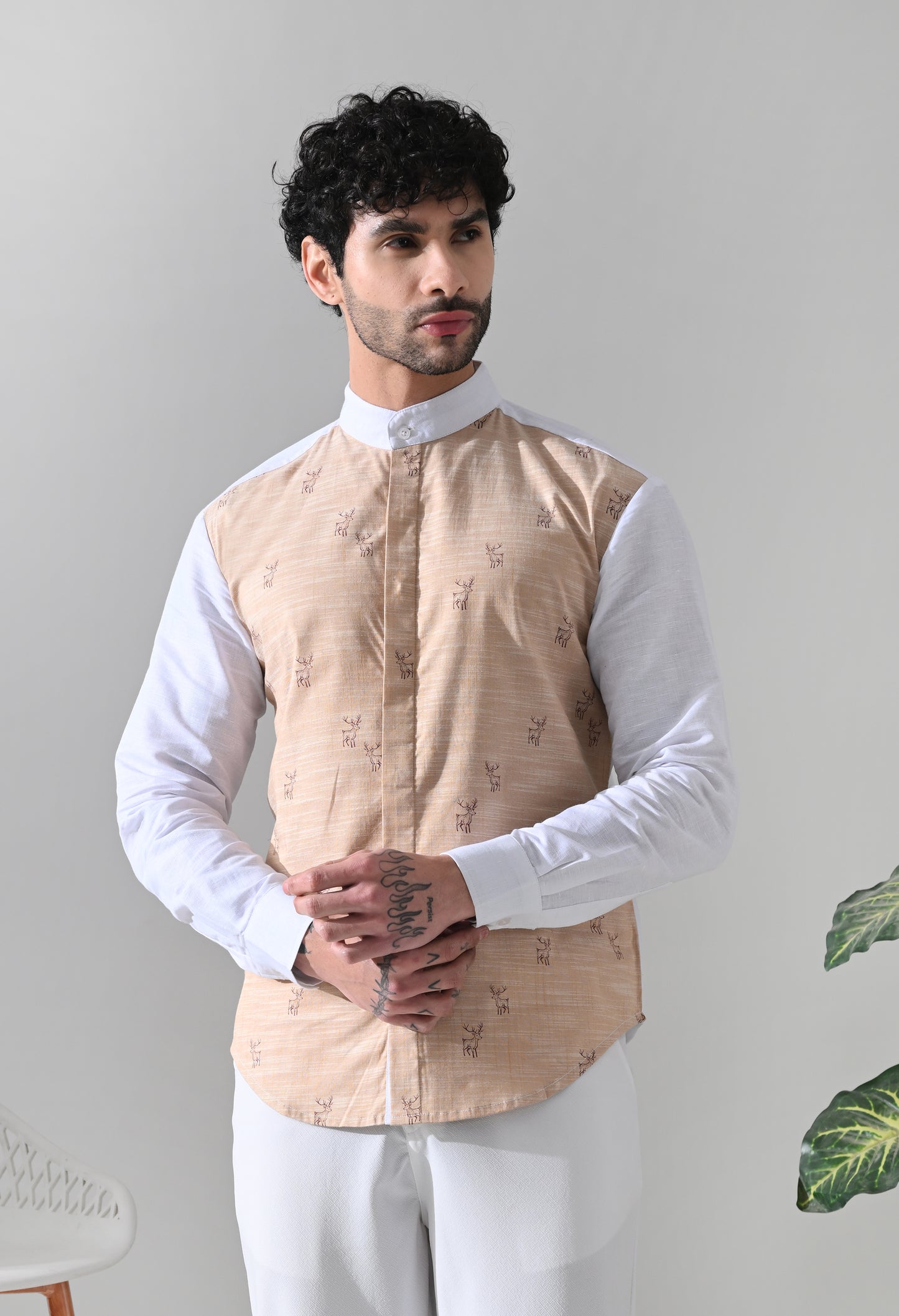 Indyslay Deer Print Linen Shirt – White Mandarin Collar