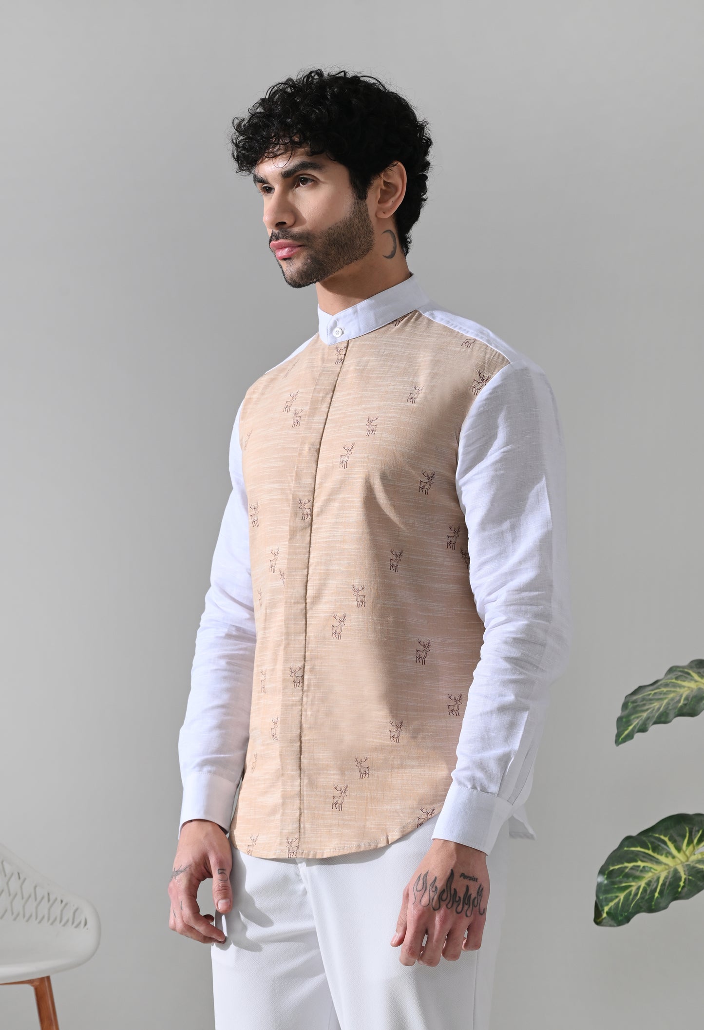 Indyslay Deer Print Linen Shirt – White Mandarin Collar