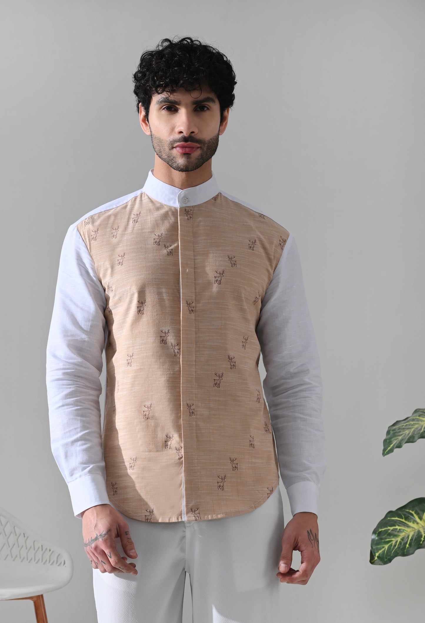 Indyslay Deer Print Linen Shirt – White Mandarin Collar