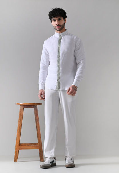 Green Satin Placket Linen Shirt – White Mandarin Collar