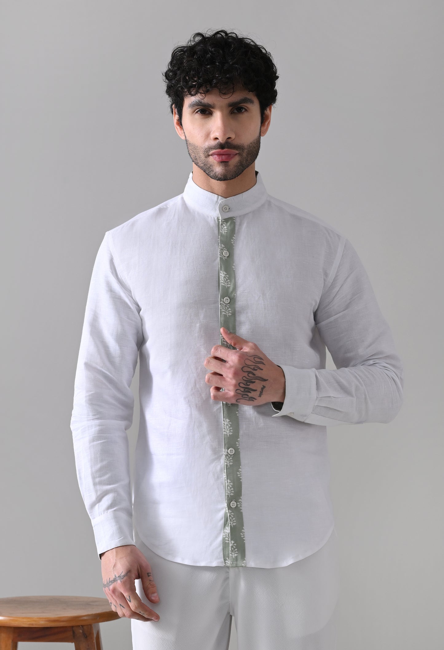 Green Satin Placket Linen Shirt – White Mandarin Collar