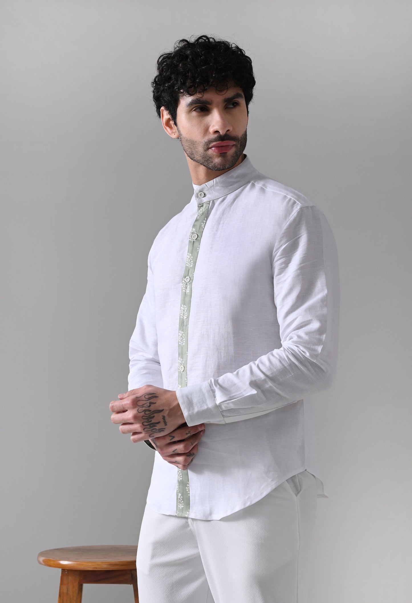 Green Satin Placket Linen Shirt – White Mandarin Collar