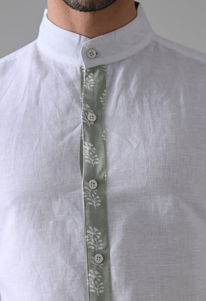Green Satin Placket Linen Shirt – White Mandarin Collar