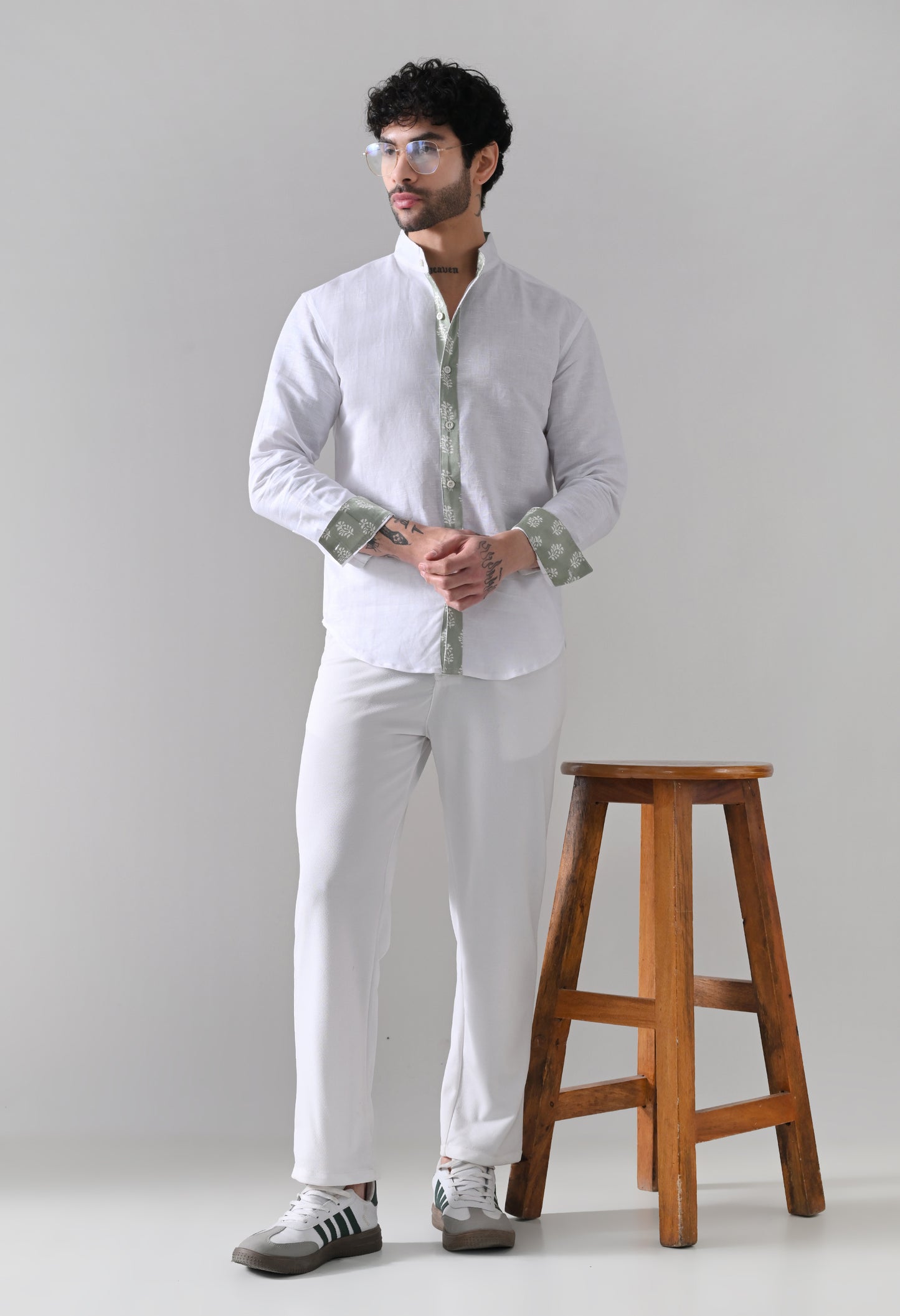 Green Satin Placket Linen Shirt – White Mandarin Collar