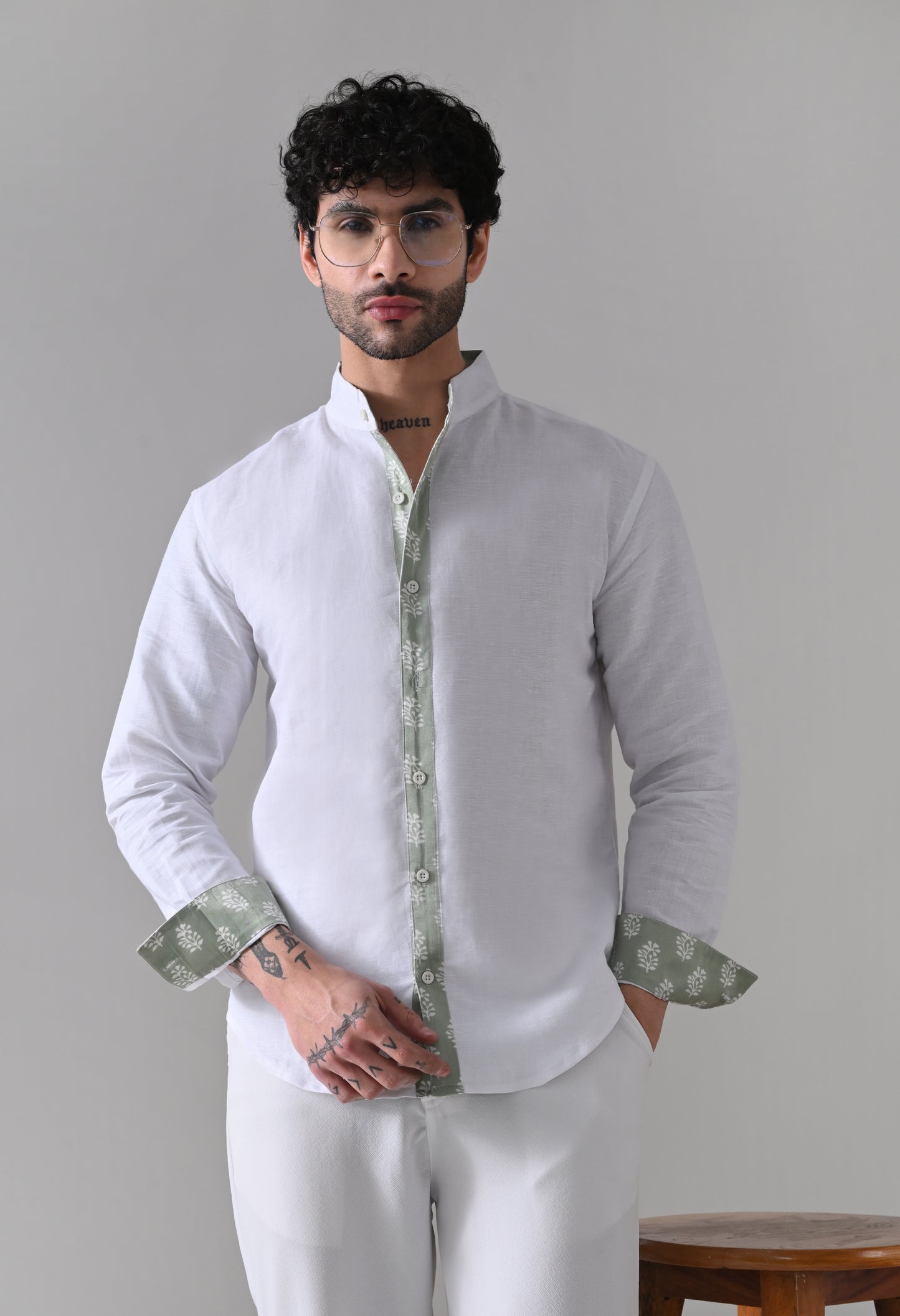 Green Satin Placket Linen Shirt – White Mandarin Collar
