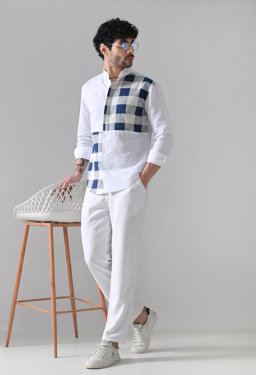 Indyslay Blue Check Patch Linen Shirt – White Mandarin Collar