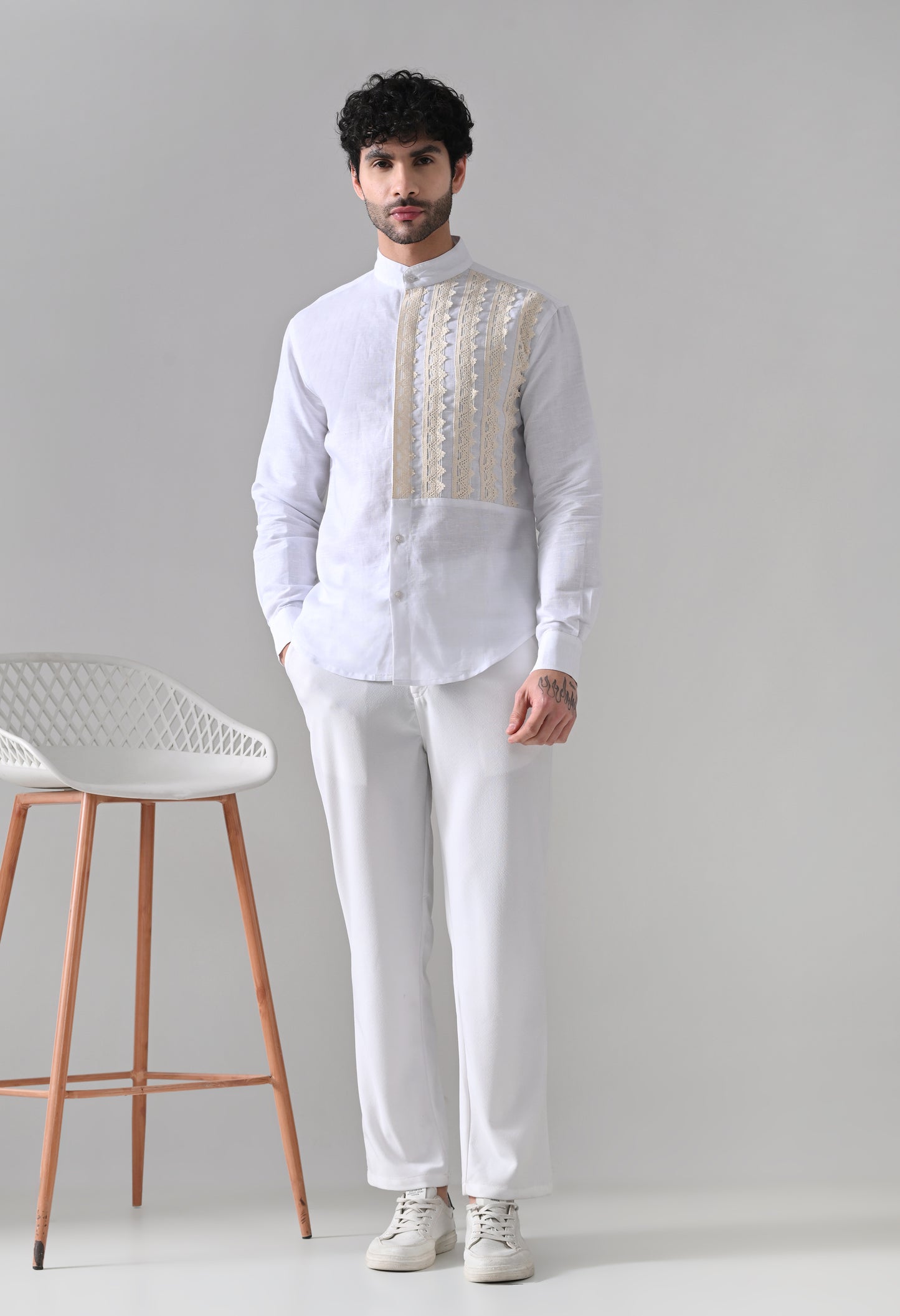 Indyslay Shifli (Schiffli) Patch Linen Shirt – White Mandarin Collar