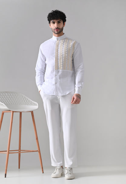 Indyslay Shifli (Schiffli) Patch Linen Shirt – White Mandarin Collar