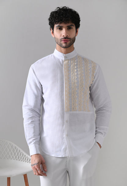 Indyslay Shifli (Schiffli) Patch Linen Shirt – White Mandarin Collar