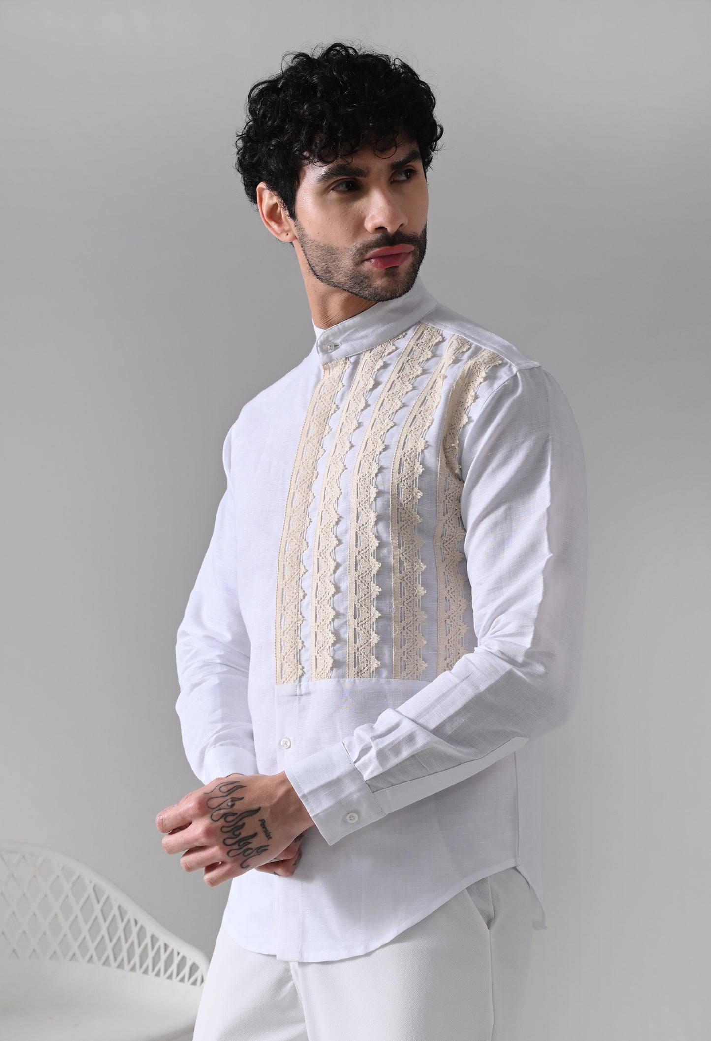 Indyslay Shifli (Schiffli) Patch Linen Shirt – White Mandarin Collar