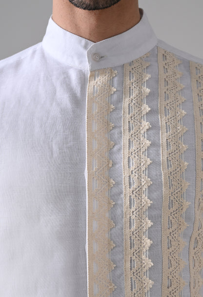 Indyslay Shifli (Schiffli) Patch Linen Shirt – White Mandarin Collar