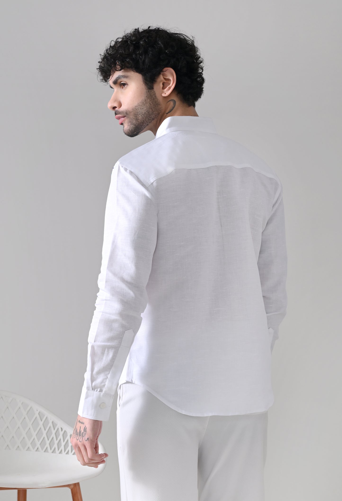Evil Eye Linen Shirt – White Mandarin Collar