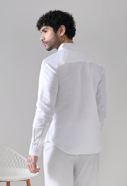 Evil Eye Linen Shirt – White Mandarin Collar