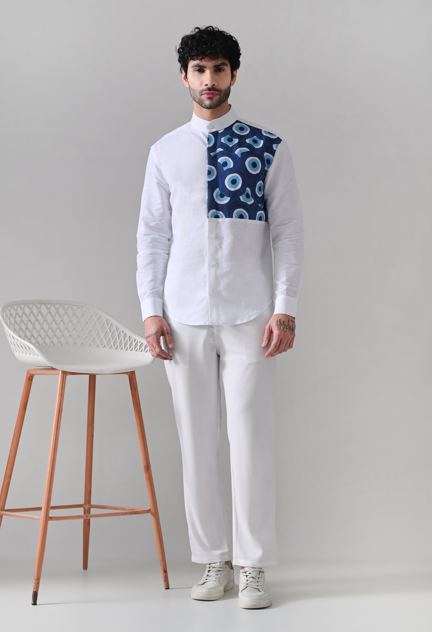 Evil Eye Linen Shirt – White Mandarin Collar