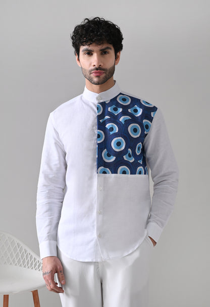 Evil Eye Linen Shirt – White Mandarin Collar