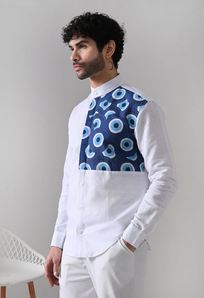 Evil Eye Linen Shirt – White Mandarin Collar