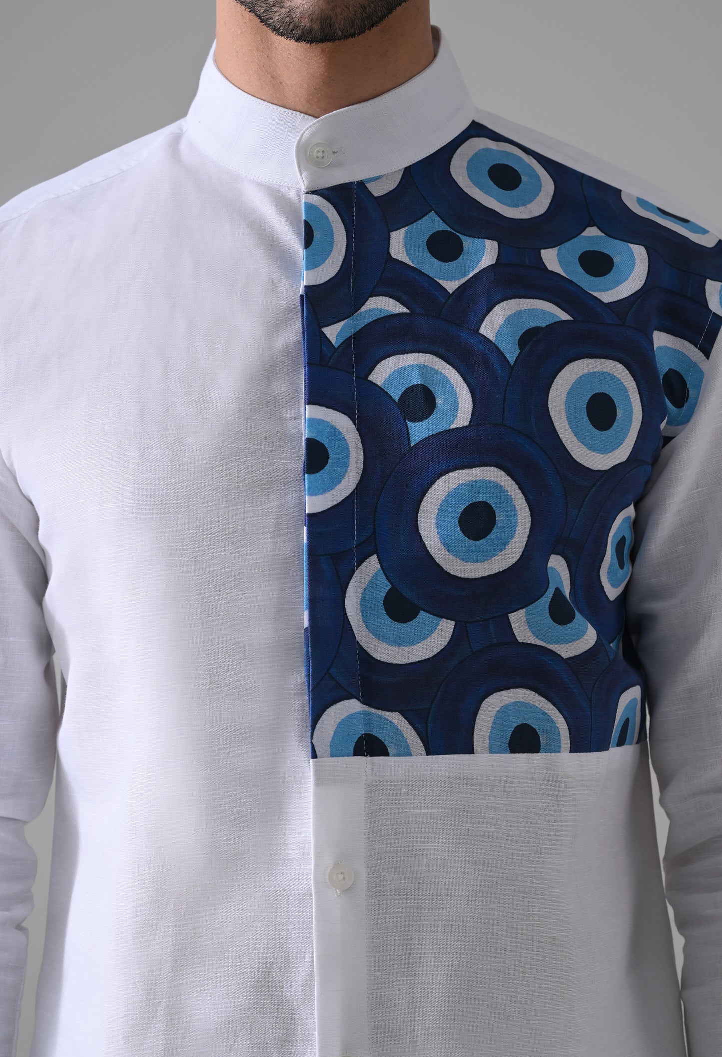 Evil Eye Linen Shirt – White Mandarin Collar
