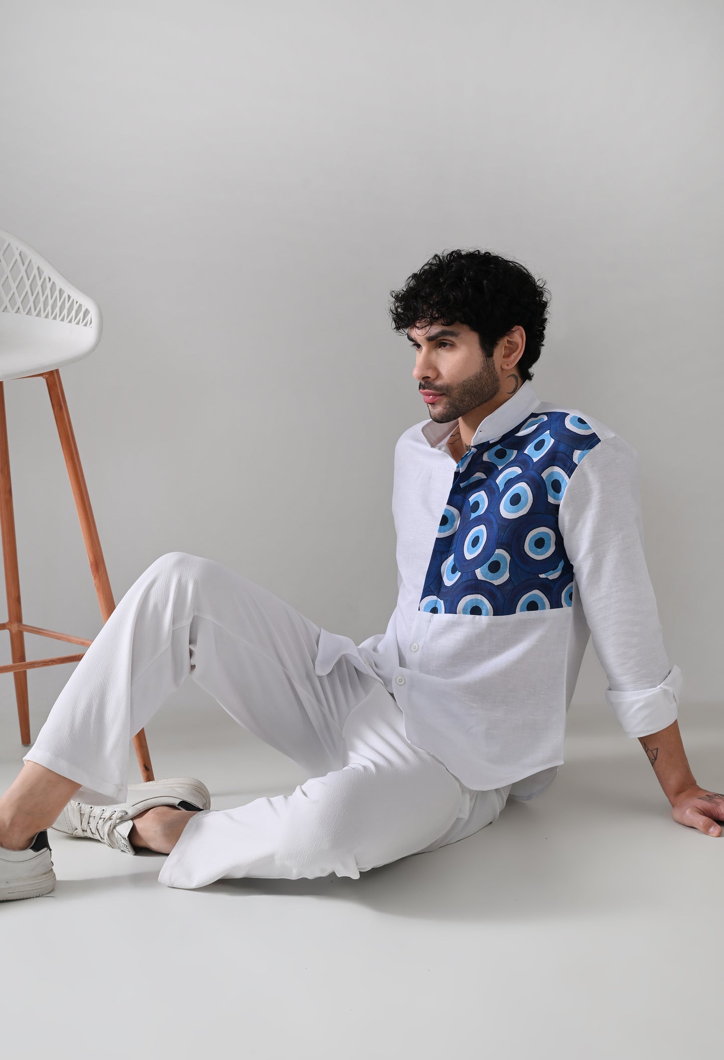 Evil Eye Linen Shirt – White Mandarin Collar