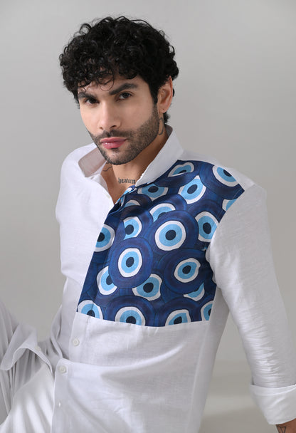 Evil Eye Linen Shirt – White Mandarin Collar