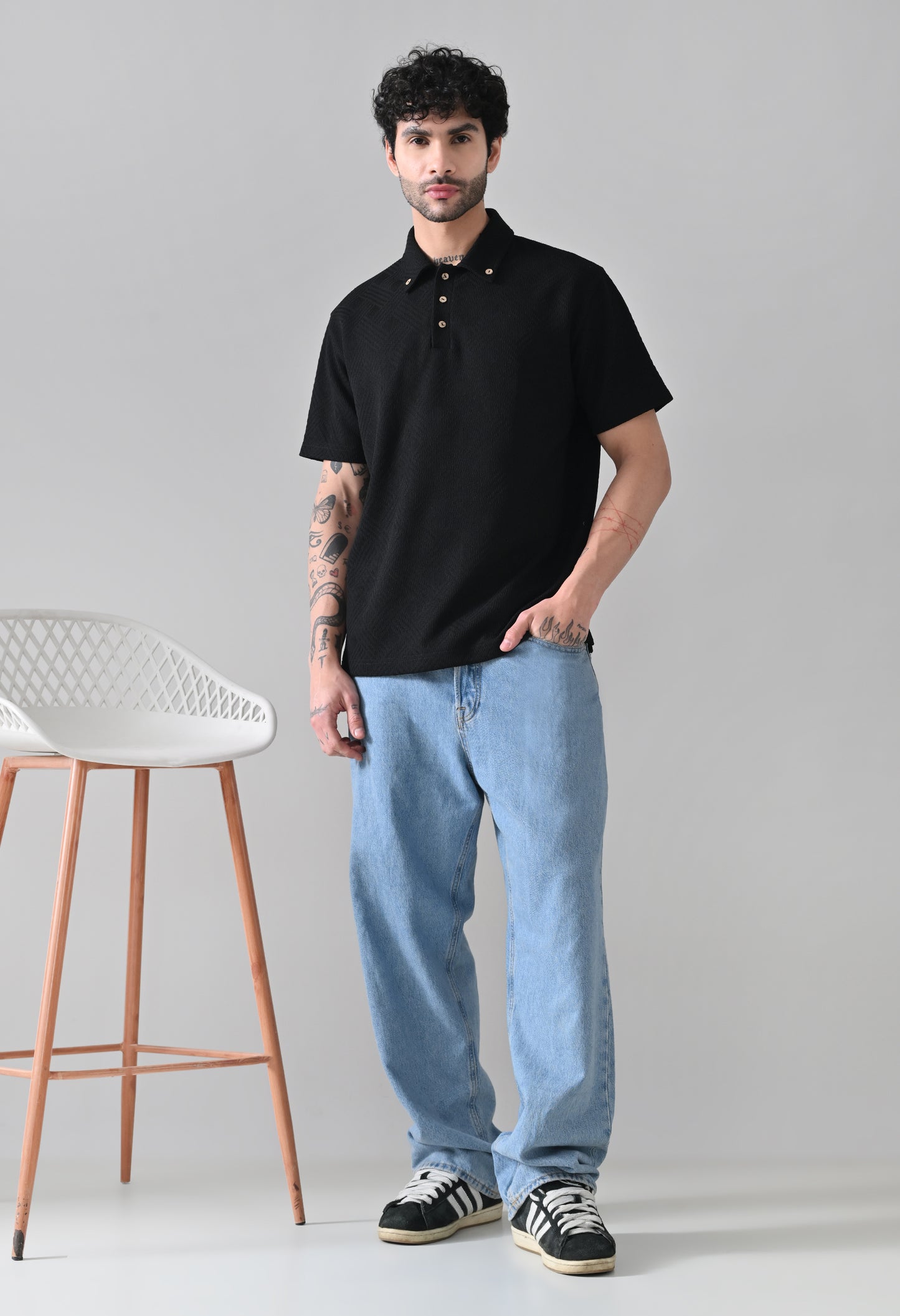 Textured Jacquard Buttoned Collar Polo TShirt – Black