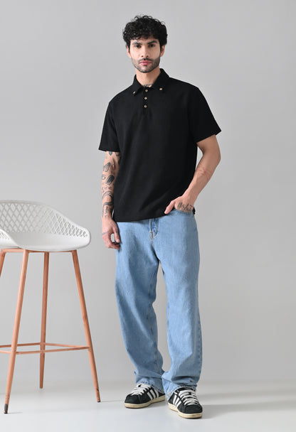 Textured Jacquard Buttoned Collar Polo TShirt – Black