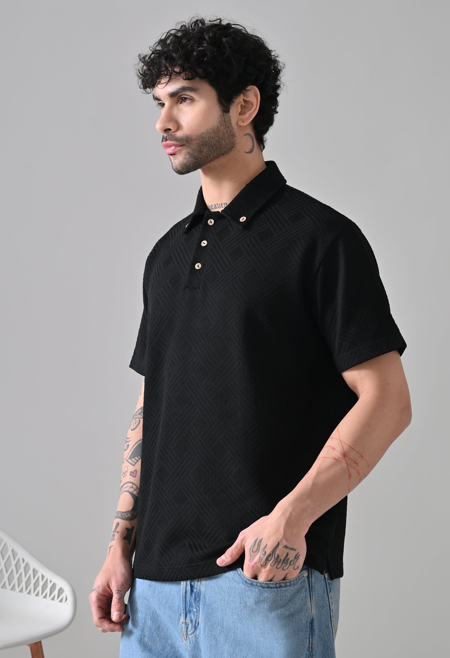 Textured Jacquard Buttoned Collar Polo TShirt – Black
