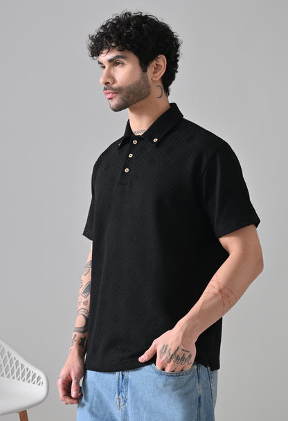 Textured Jacquard Buttoned Collar Polo TShirt – Black