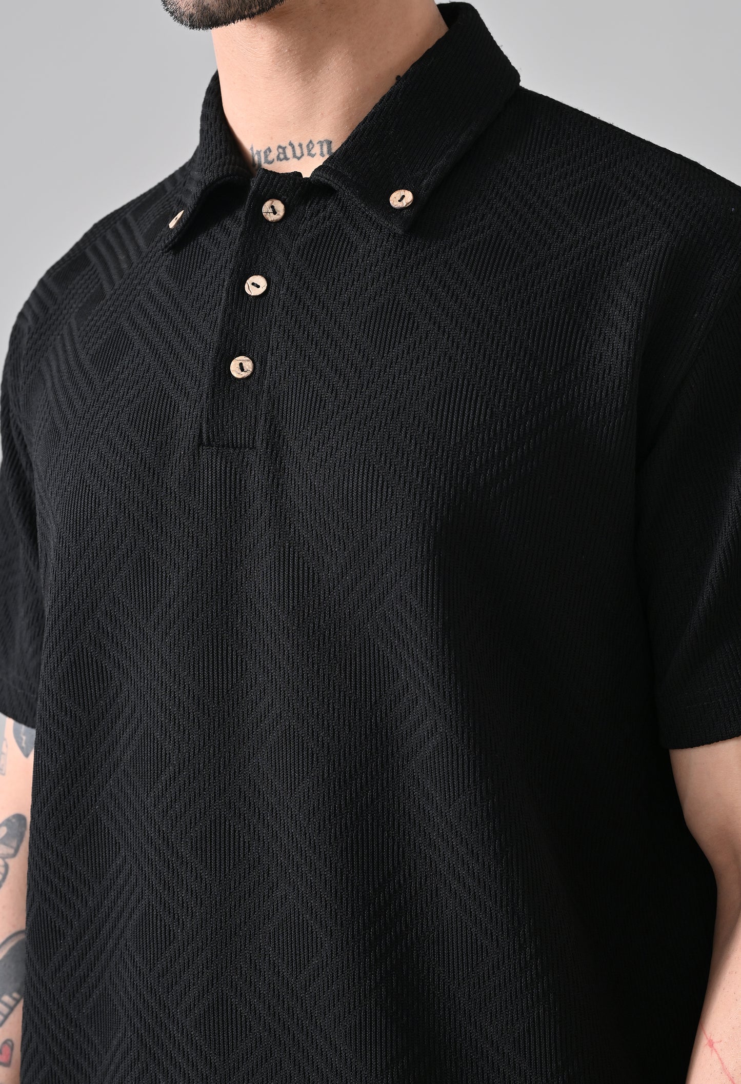 Textured Jacquard Buttoned Collar Polo TShirt – Black