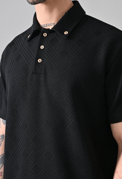 Textured Jacquard Buttoned Collar Polo TShirt – Black