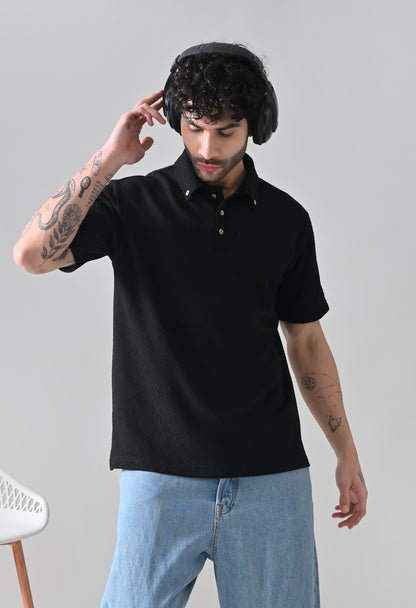 Textured Jacquard Buttoned Collar Polo TShirt – Black