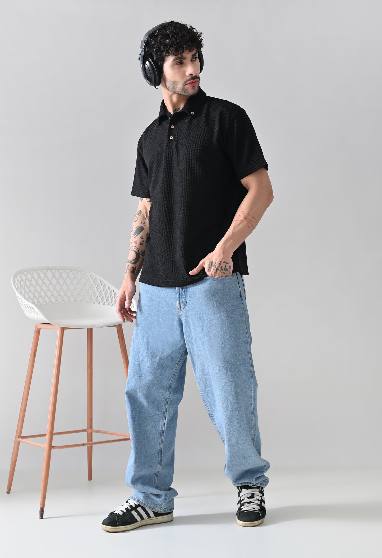 Textured Jacquard Buttoned Collar Polo TShirt – Black