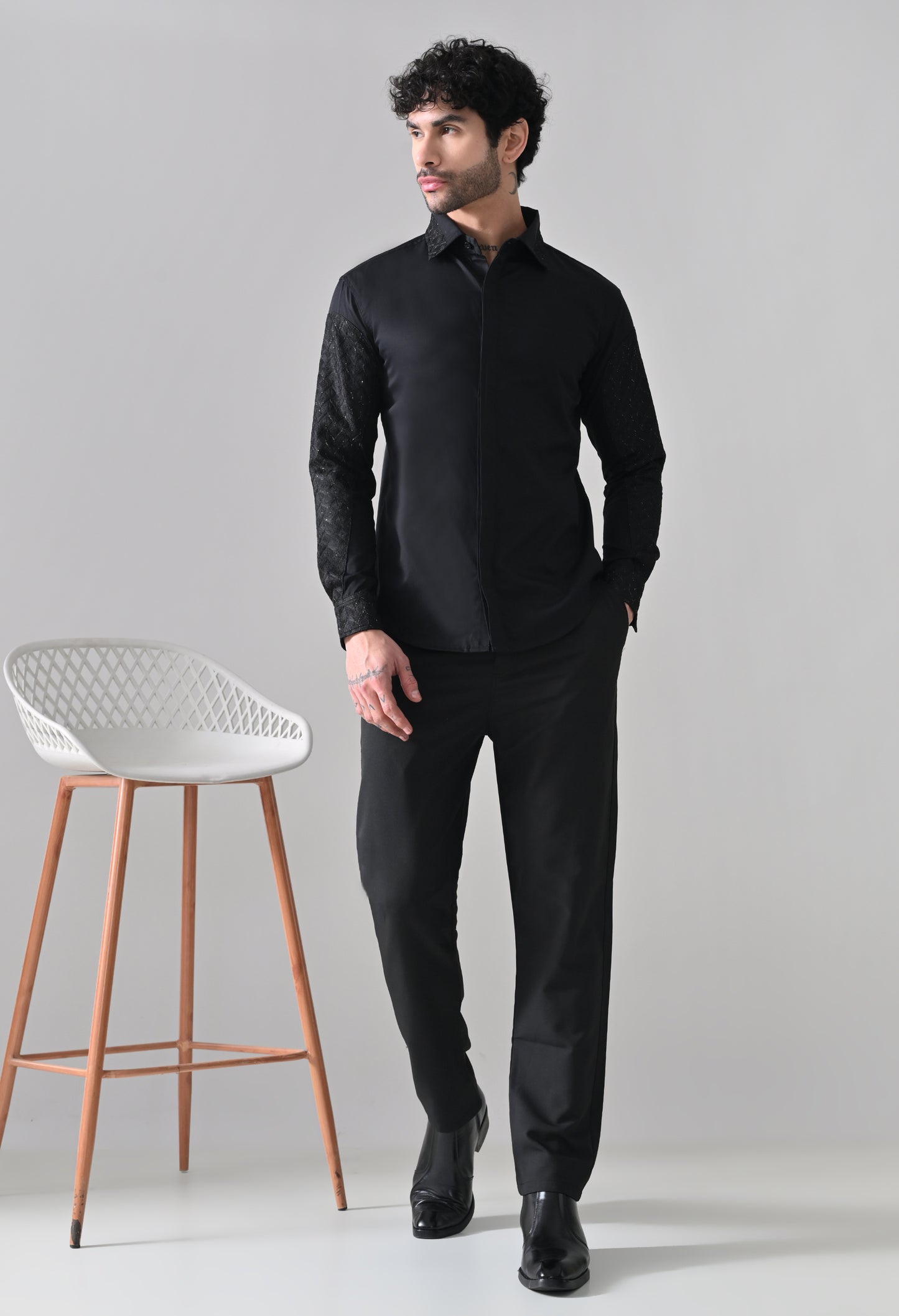 Indyslay Black Designer Elbow Patch Giza Cotton Shirt – Party Wear Edit