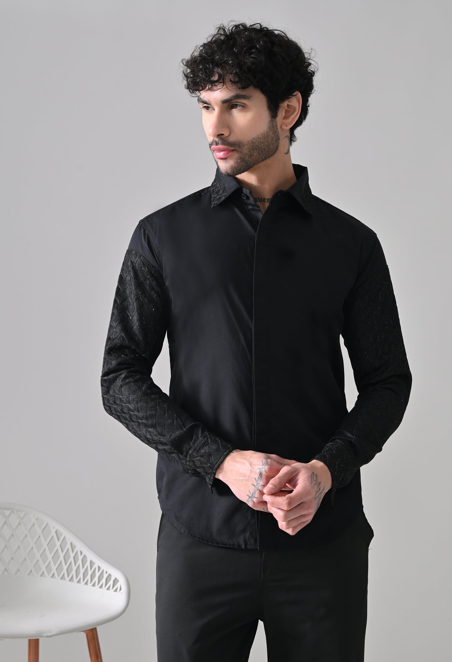 Indyslay Black Designer Elbow Patch Giza Cotton Shirt – Party Wear Edit