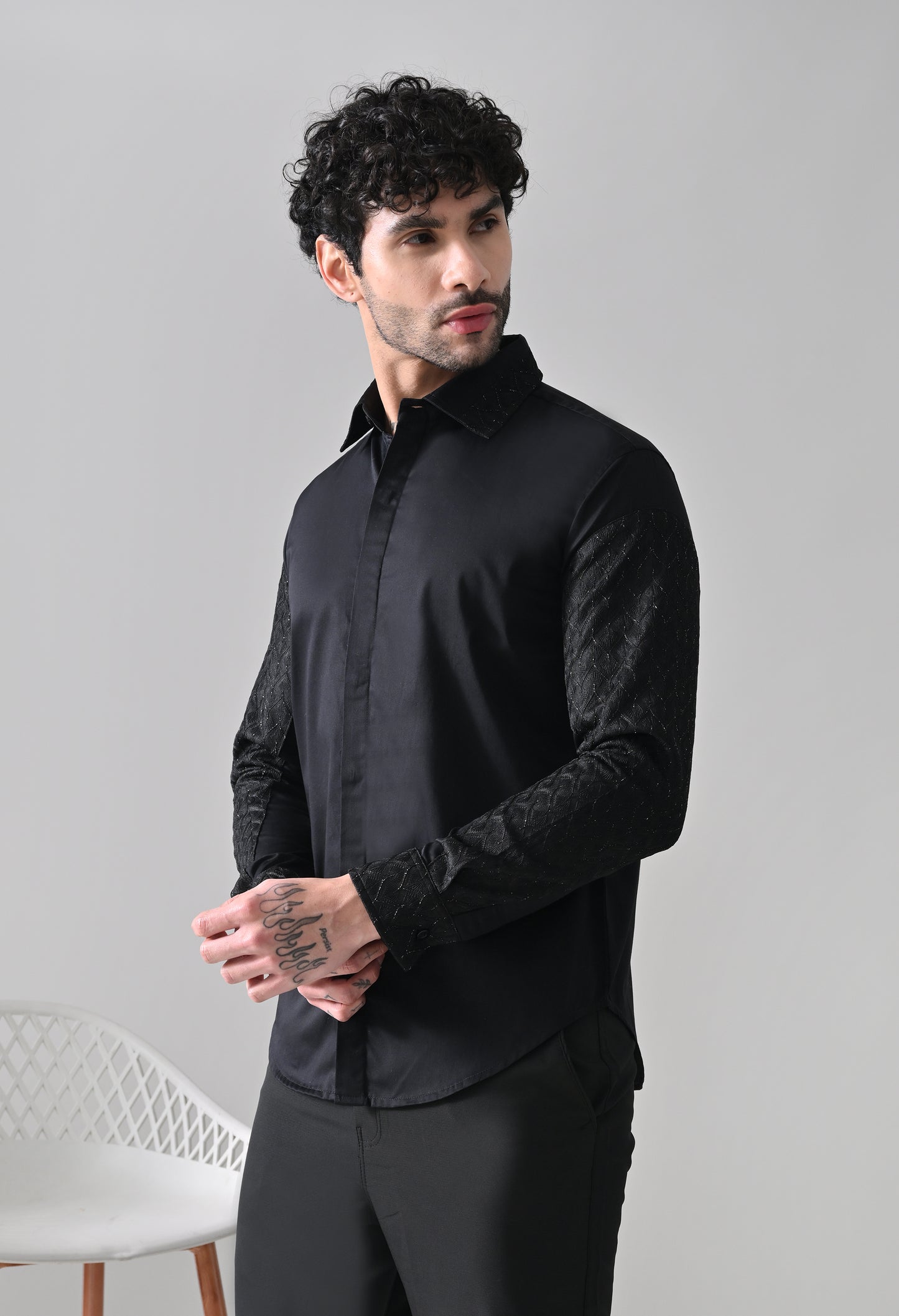 Indyslay Black Designer Elbow Patch Giza Cotton Shirt – Party Wear Edit